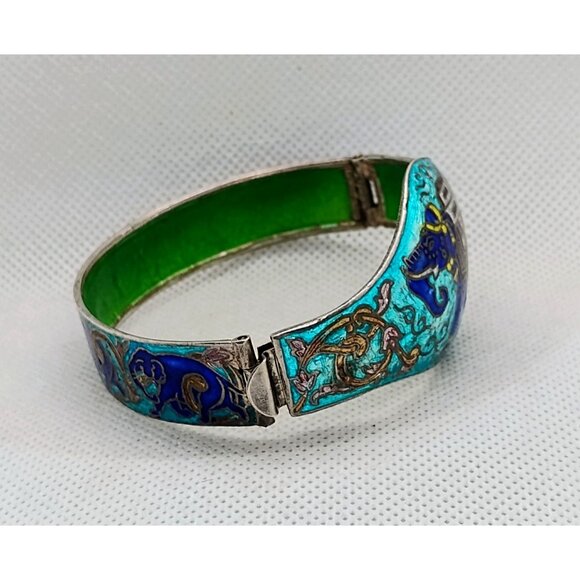 Vtg Rajasthani India Cloisonne Enamel Elephant Bangle Bracelet Sterling Silver - Picture 4 of 9